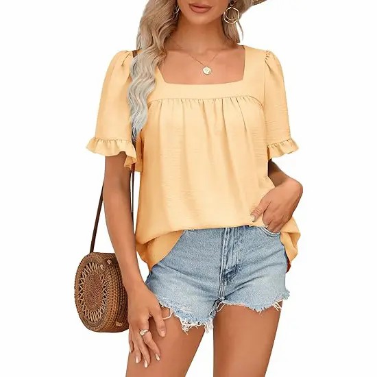 Women's Square Neck Peplum Blouse – Whimsical Ruffle Sleeve Cottagecore Top