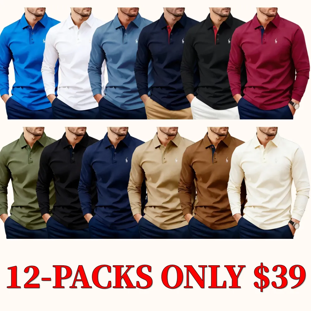 Men's solid-color long-sleeved polo shirt