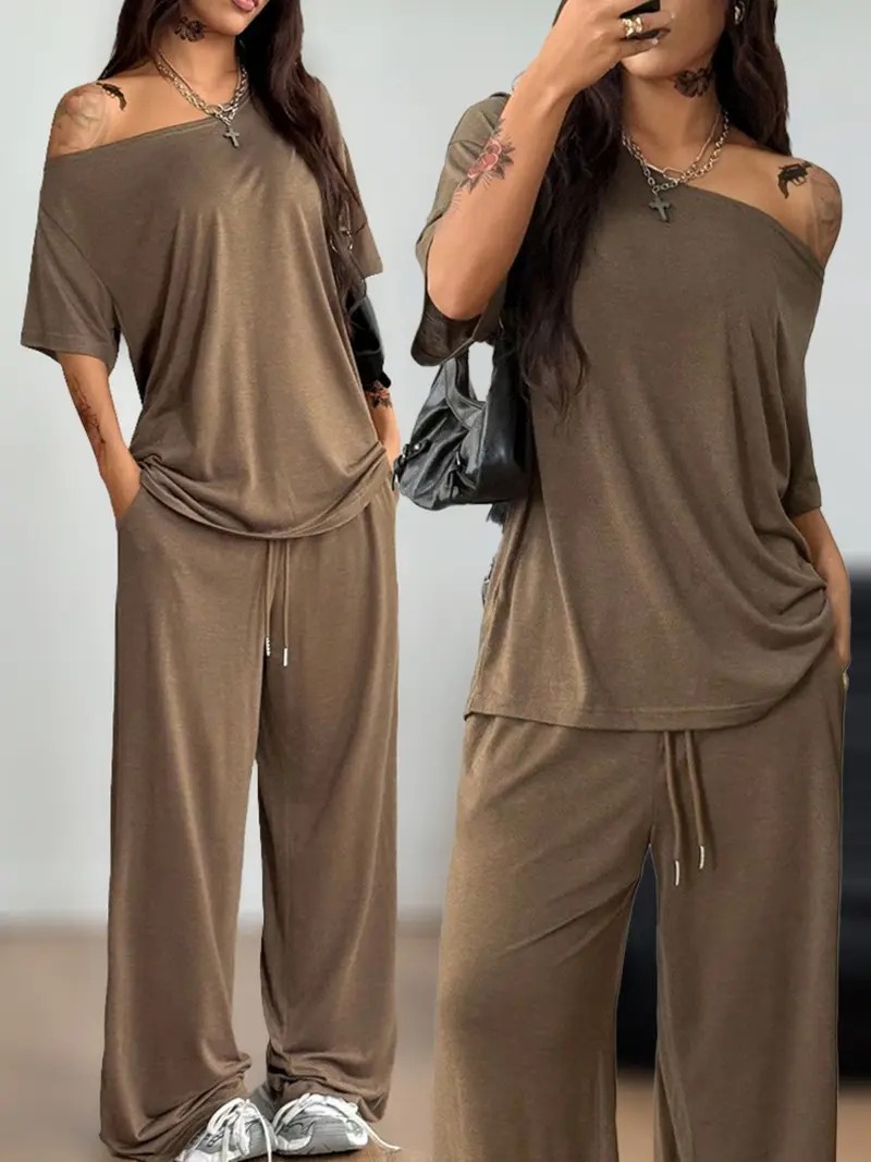 Women's Casual Solid Color Two-Piece Set – Slant Neck Wide Leg Pant Suit