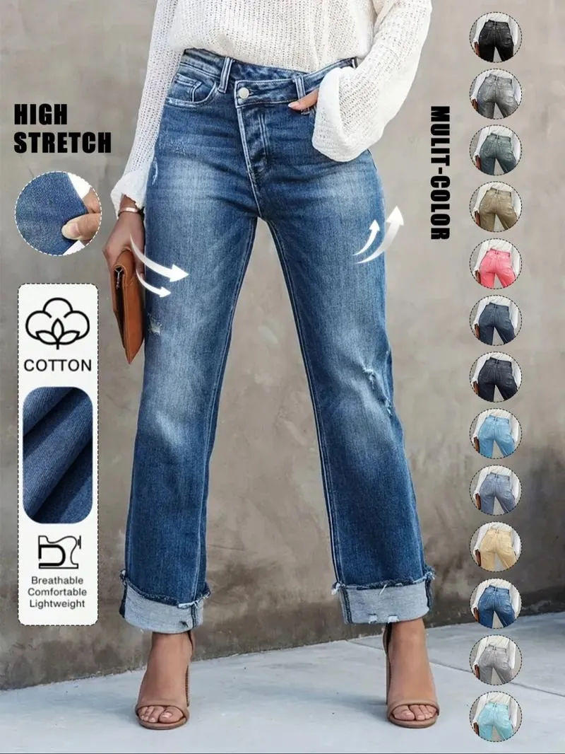 Women's Solid Color Jeans, Casual Comfy Denim Pants for Daily Wear, Ladies Bottoms for All Seasons
