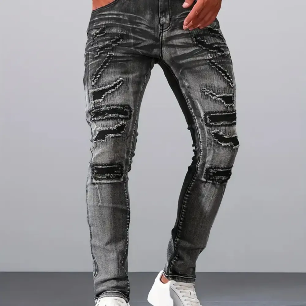 Skinny Fit Denim Jeans Distressed Ripped Patchwork Design Edgy Essential for Urban Street Style Outfits