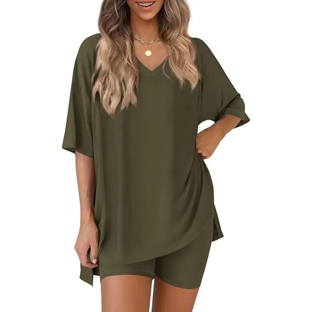 Crewneck Two-Piece Set For Women Summer Casual Oversized Split Hem Shirts