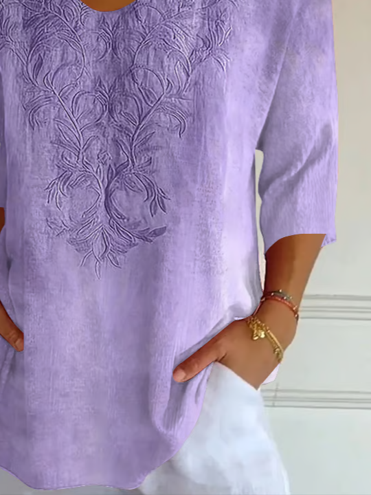 Women Casual Floral V neck Printing Daily Loose Three Quarter Sleeve T-shirts