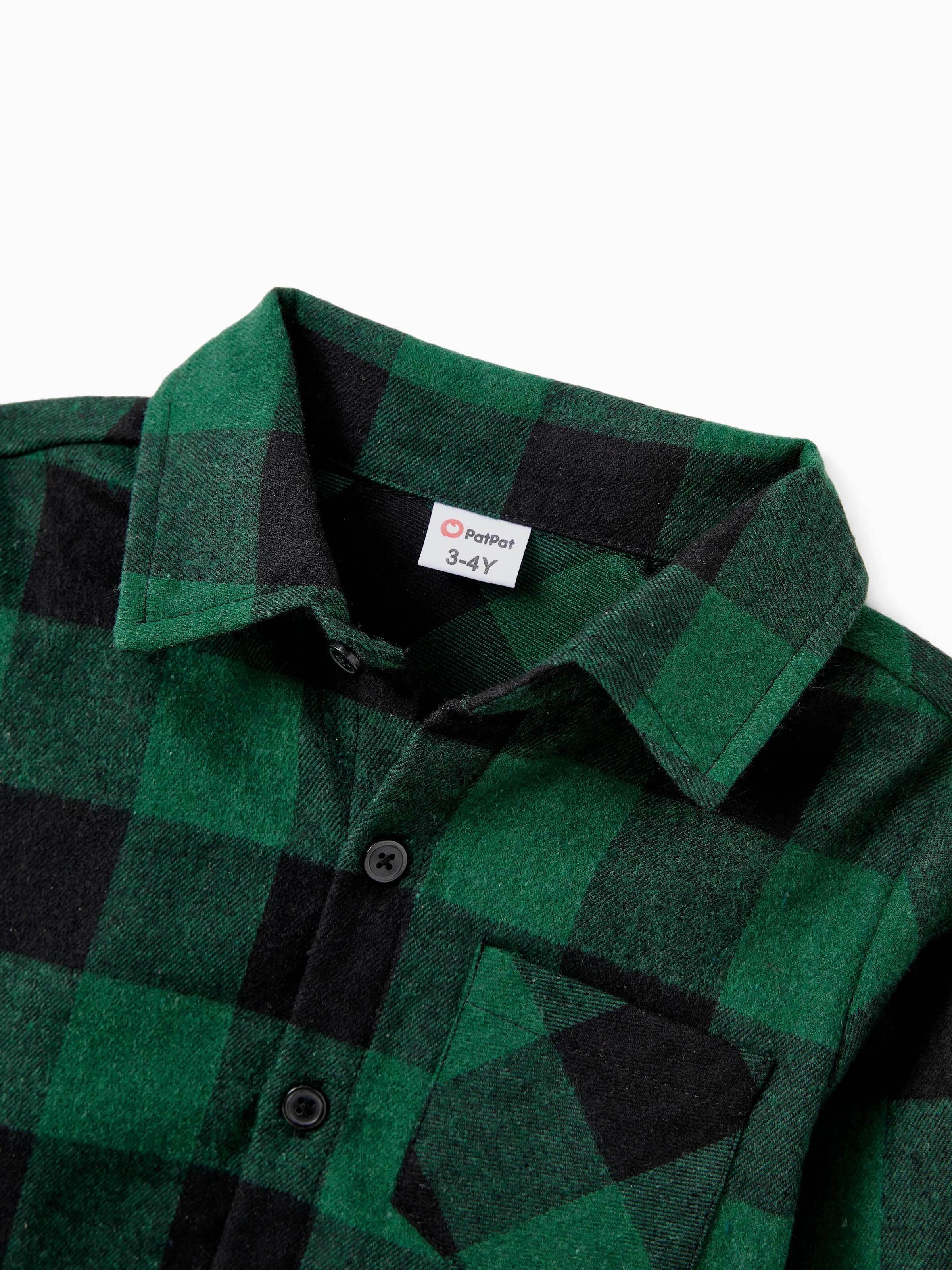 Family Matching Sets Green Plaid Long Sleeves Shirt or Tulle Mesh Dress DarkGreen