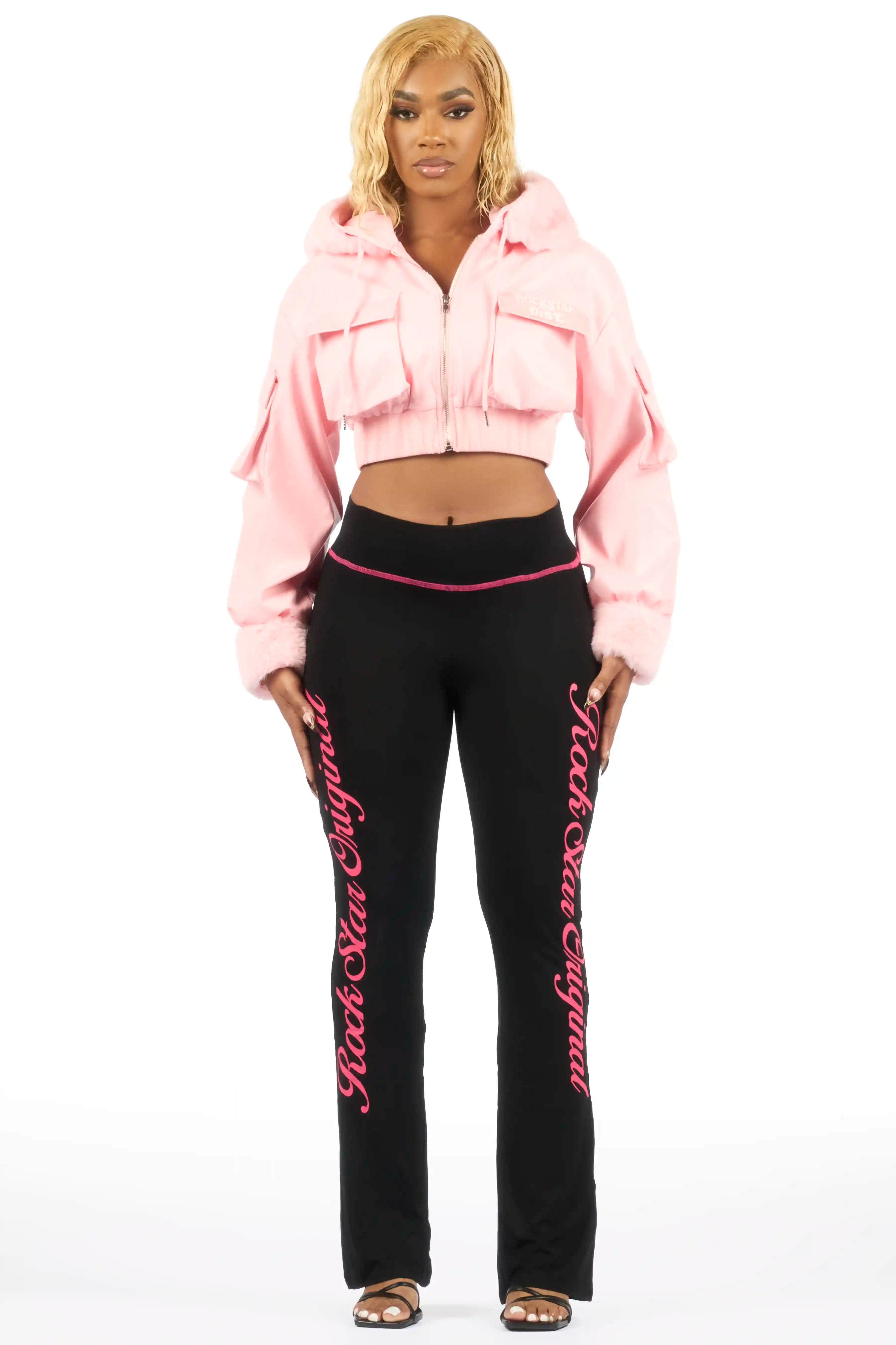 Amyia Pink PU Jacket With Fur Hood