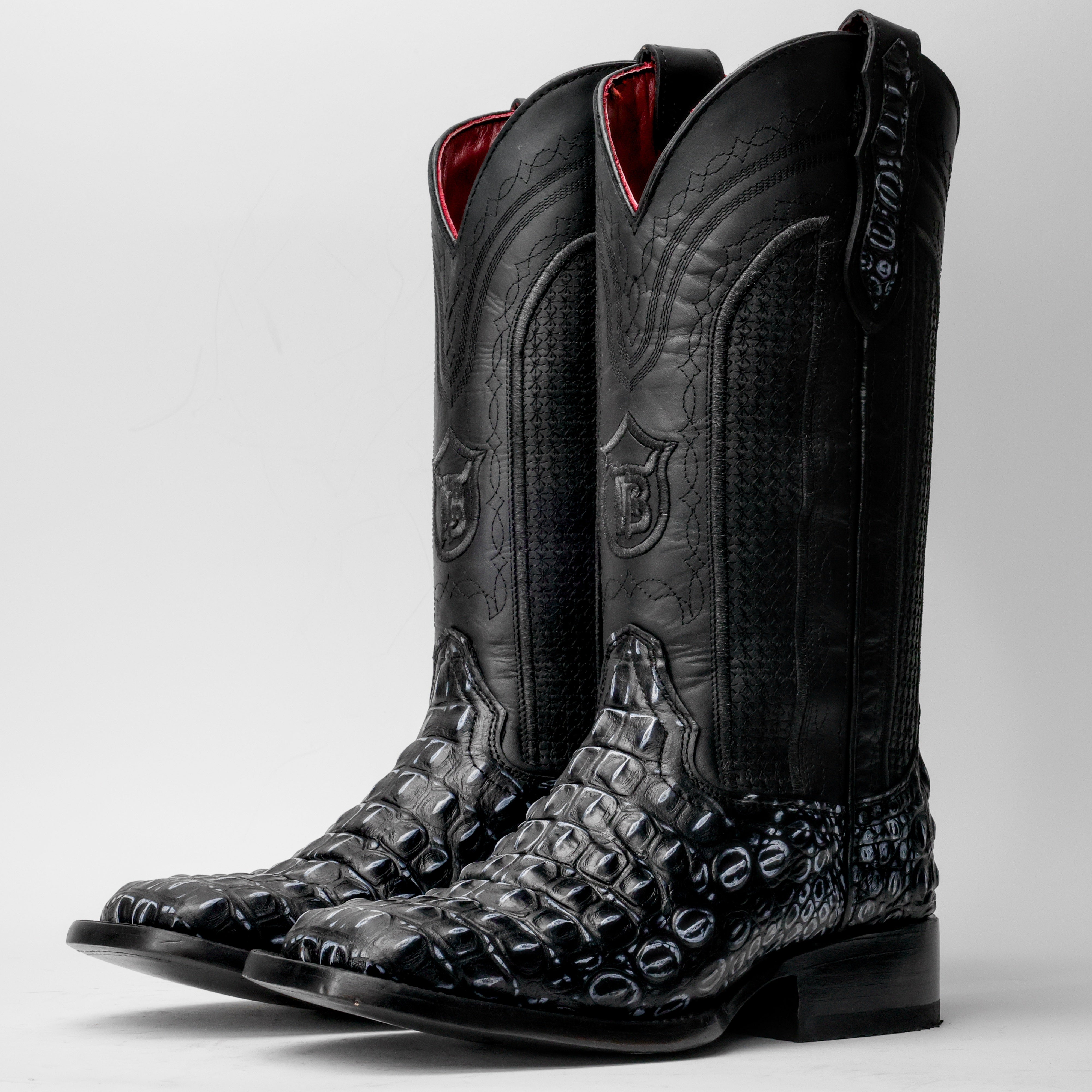 Black/Grey Caiman Hornback Leather Boots - Square Toe