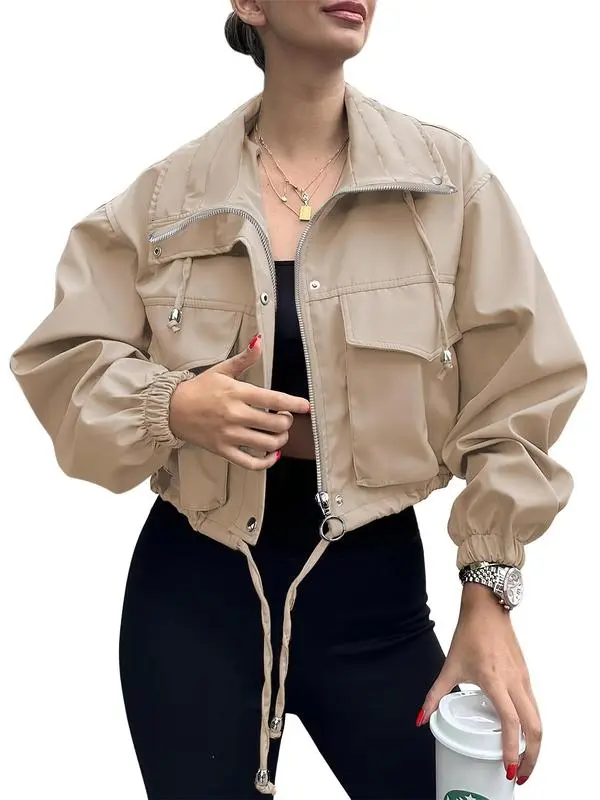 Women's Solid Zip Up Crop Jacket