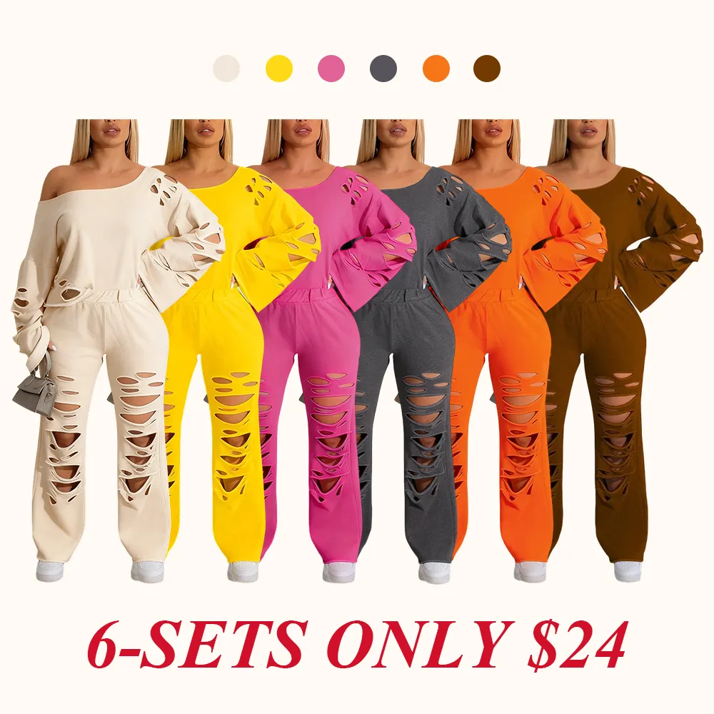 Women's Ripped Asymmetrical Neck Pullover & Wide Leg Pants Set