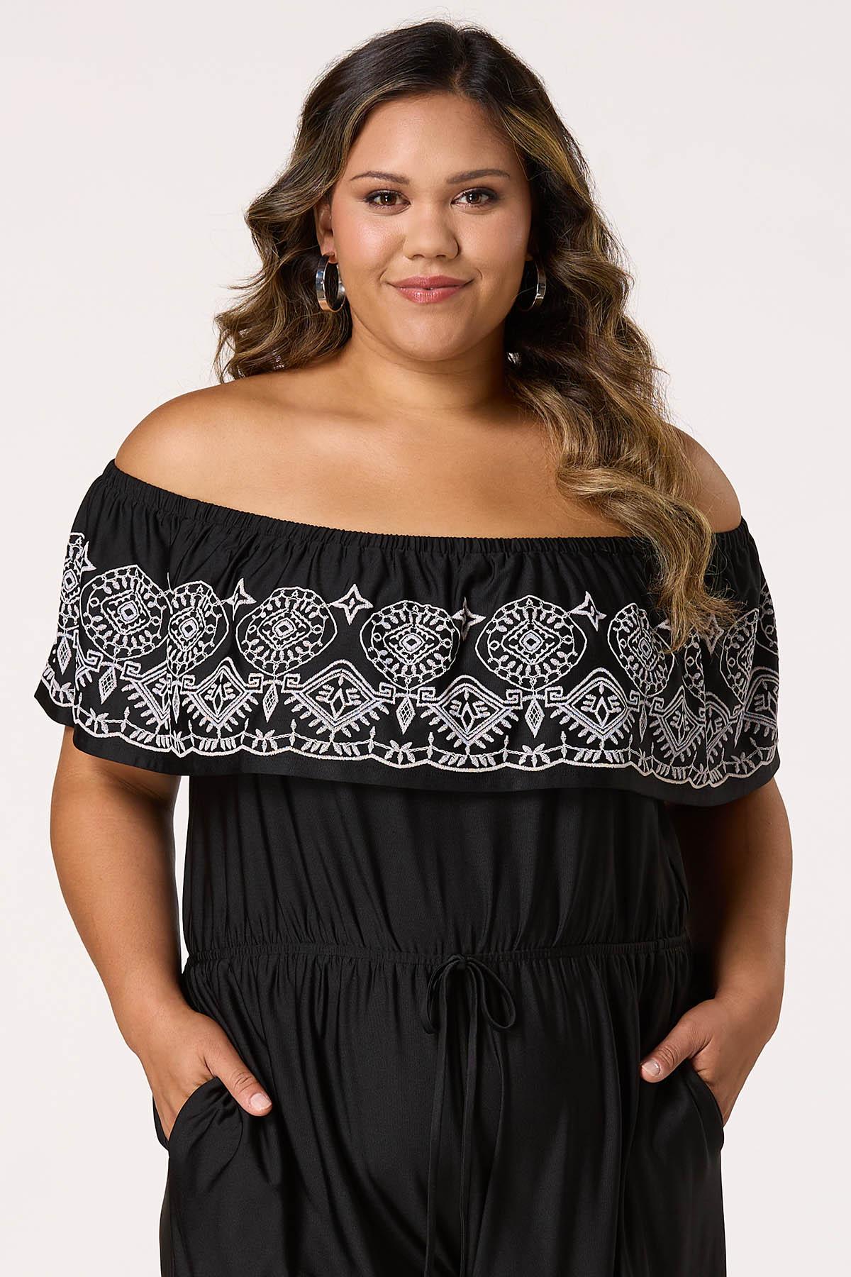 Plus Size Flounced Off Shoulder Embroidered Jumpsuit