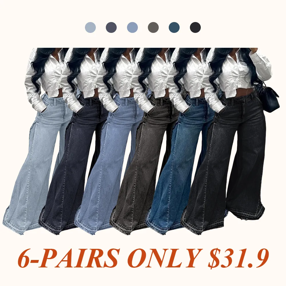 Women Flared Wide Side Loose Jeans High Waist