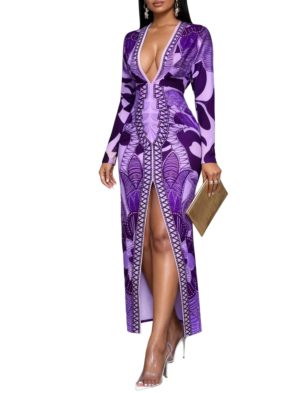 Women's All Over Print Deep V Neck Dress