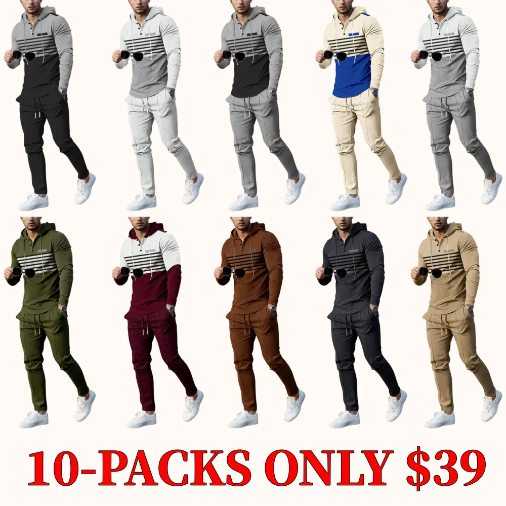 Men's striped hooded sweatshirt and waffle-knit trousers set