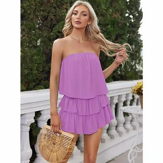 Women’s Off-Shoulder Smocked Romper – Flowy Strapless Summer Playsuit
