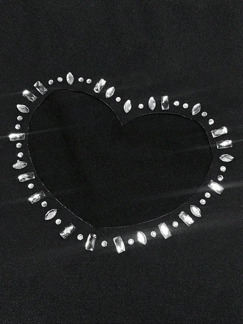 Two-Piece Set Women's Rhinestone Heart Decor Cut Out Crop Top & Skinny Pants Set