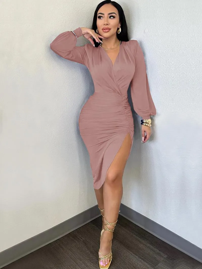 Women's Plain Ruched Wrap Split Thigh Bodycon Dress