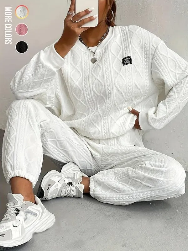 Women's Solid Patched Drop Shoulder Sweatshirt & Elastic Waist Pants Two-piece Set