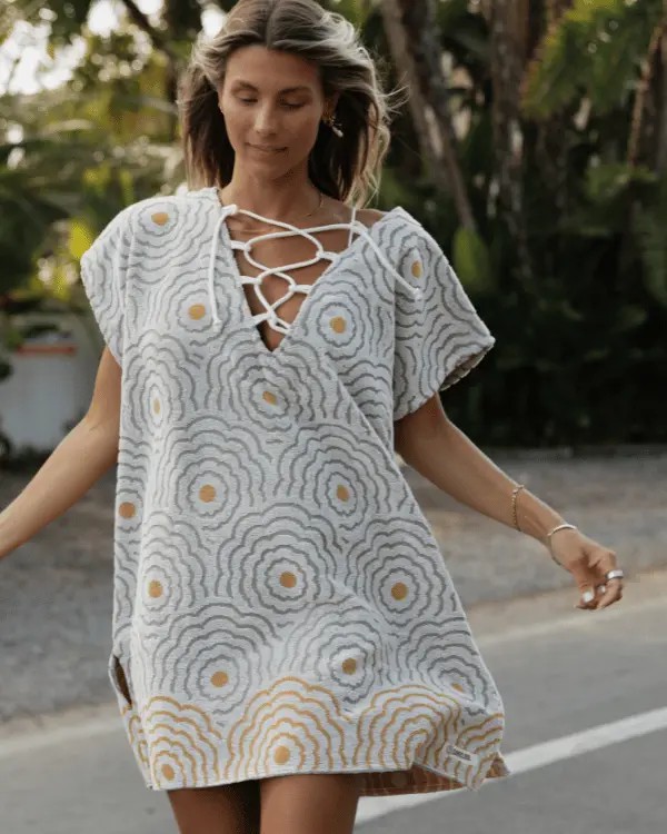 Lace-Up Geometric Jacquard Poncho Cover-Up