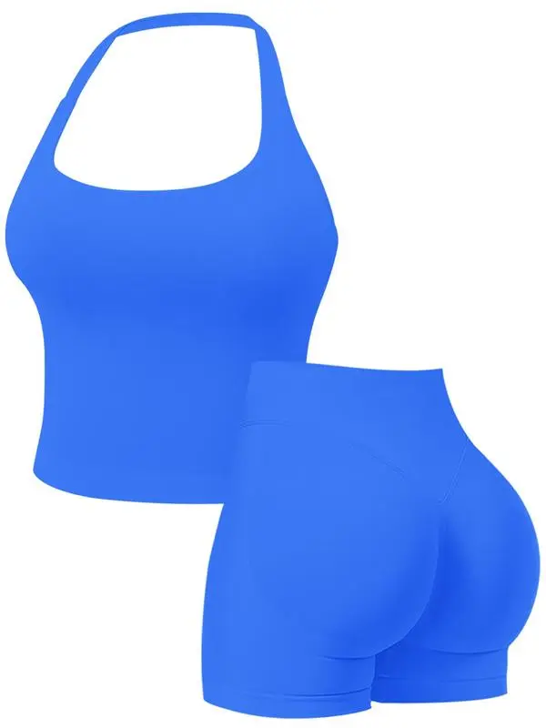 Two-Piece Set Women's Solid Color Halter Top & High Waist Shorts Sports Set