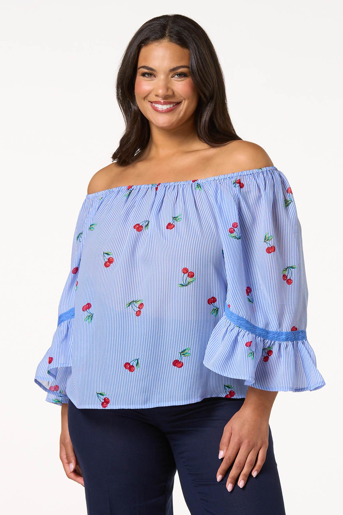 Plus Size Stripe Cherry Off Shoulder Top
