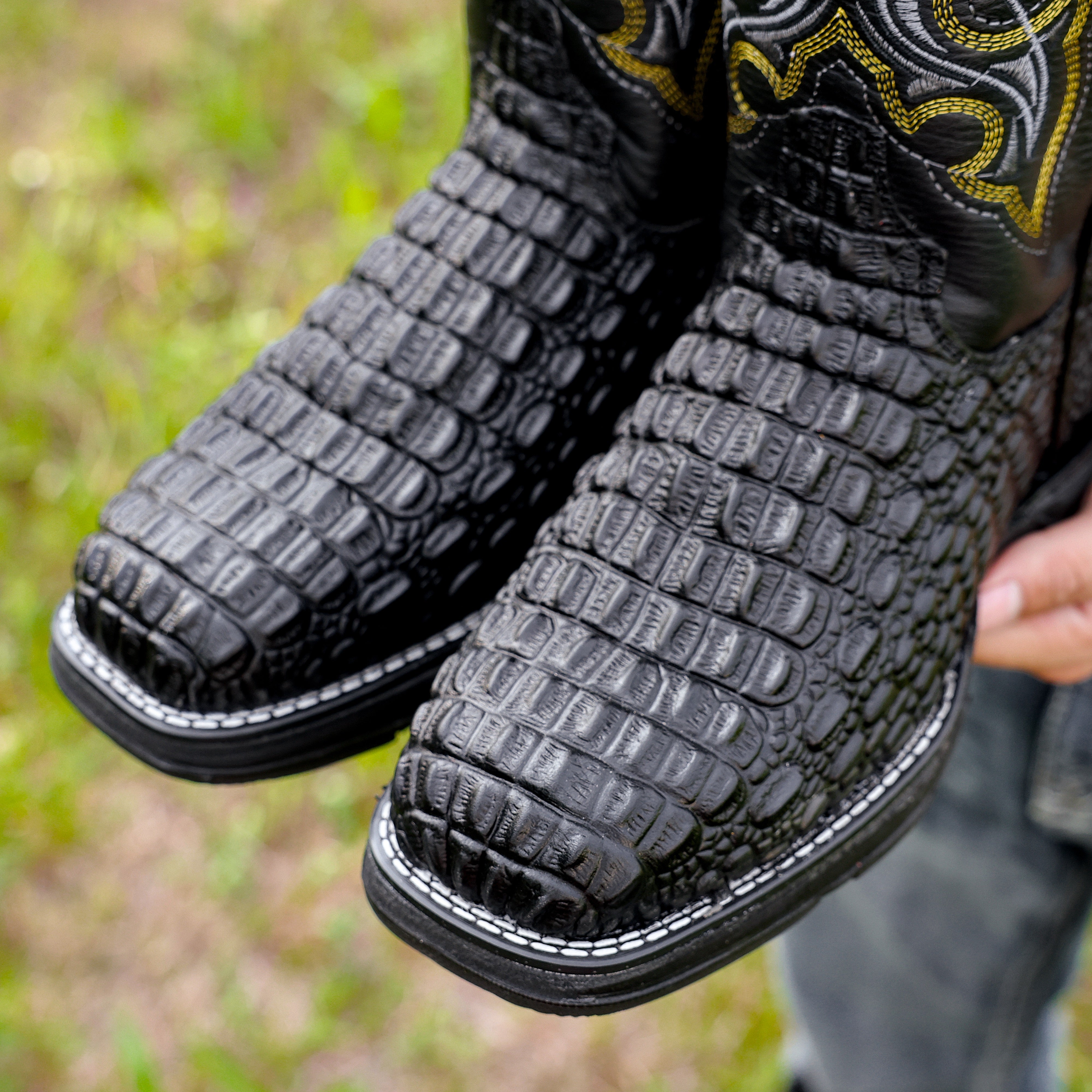 Black Caiman Hornback Leather Boots With 3D Lightweight BLACK EDITION Sole - Composite Toe