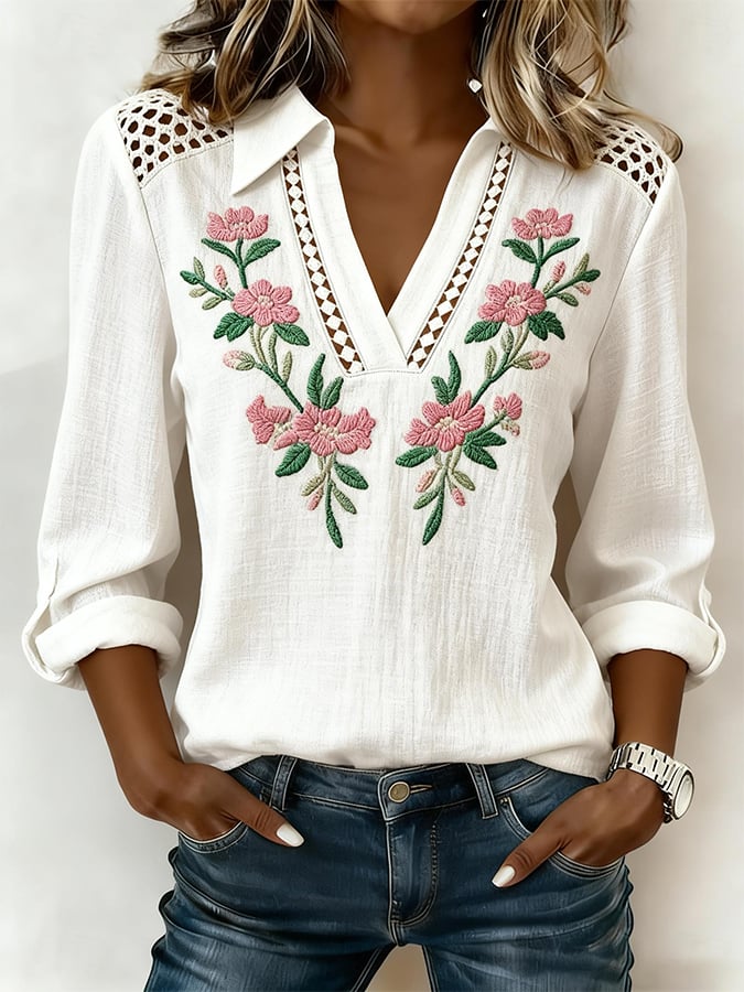 Women's Casual Collared Hollow-Out Printed Cotton Linen Top- Fast Shipping