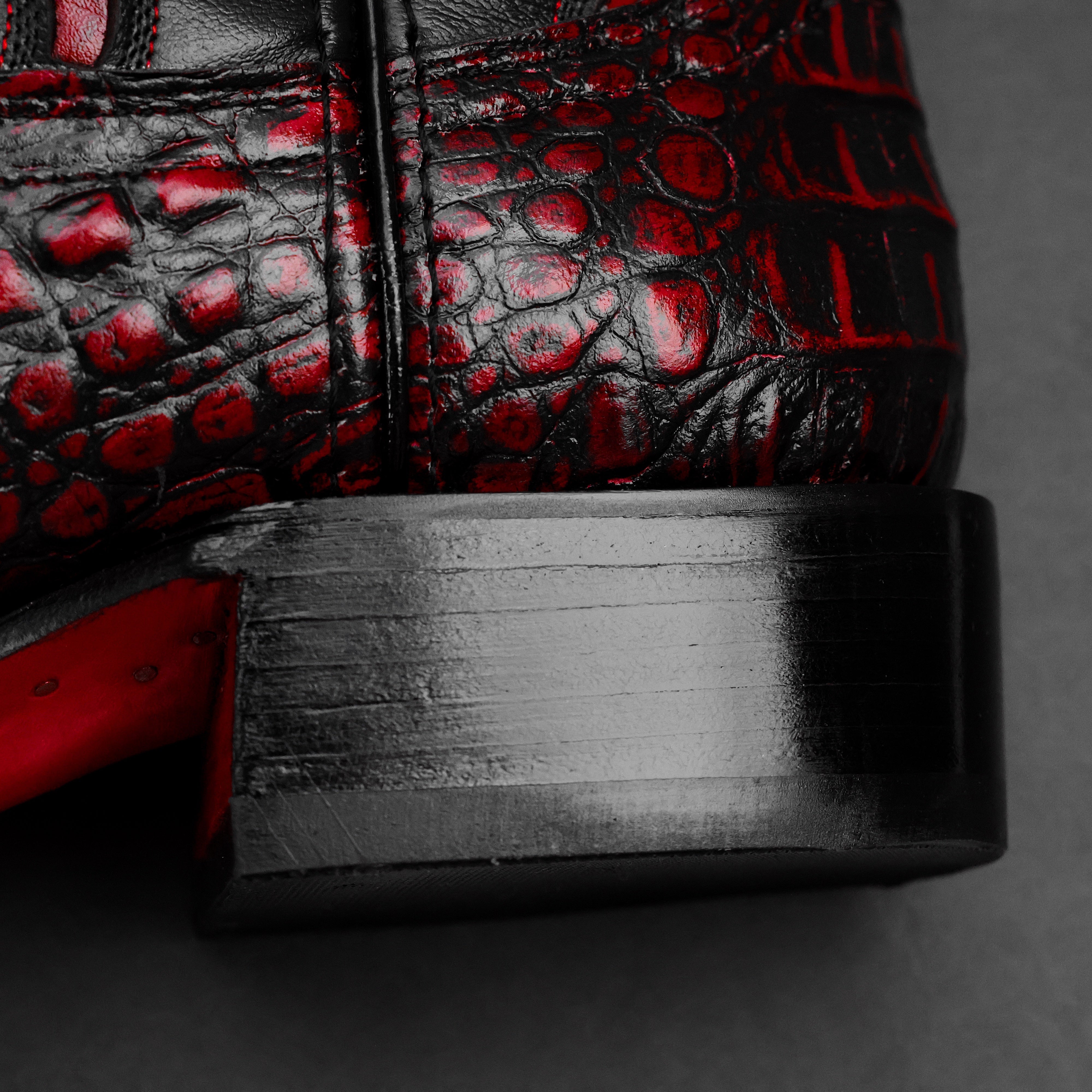 Black/Red Caiman Neck Leather Boots - Square Toe