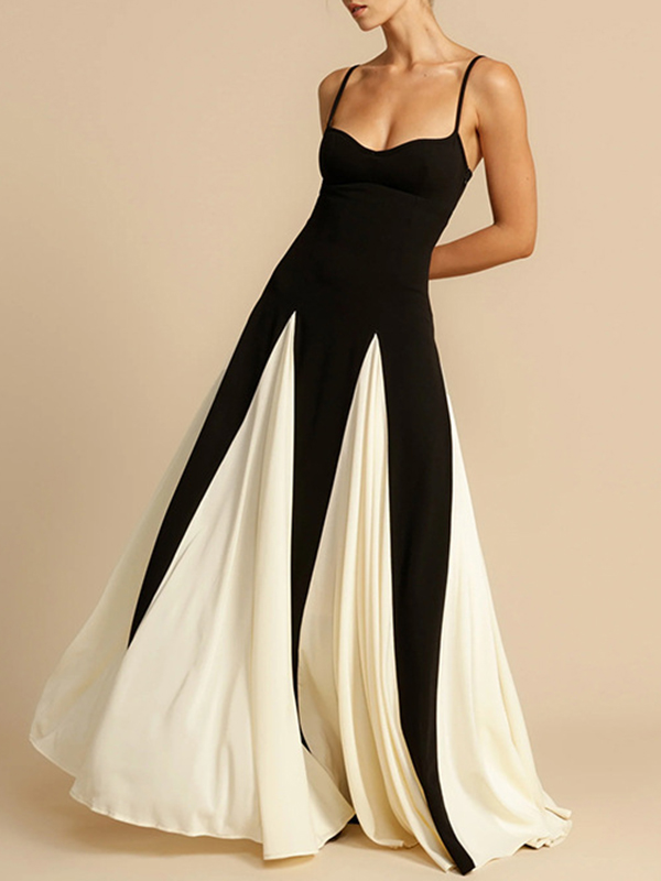 Backless Contrast Color Pleated Split-Joint High Waisted Sleeveless Spaghetti-Neck Maxi Dresses
