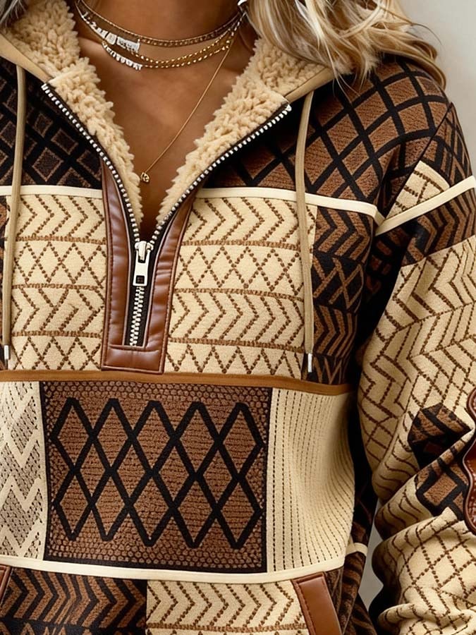 Women'S Casual Color-Block Printed Patchwork Pullover Sweatshirt