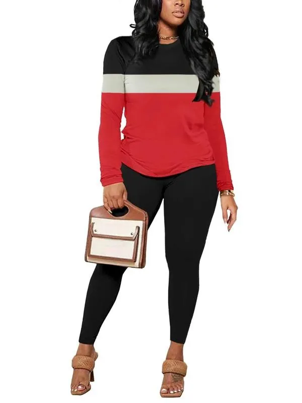 Two-Piece Set Women's Striped Print Long Sleeve Tee & Skinny Pants Set