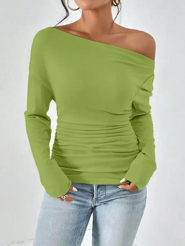 Women's Plain Ruched Asymmetrical Neck Drop Shoulder Tee
