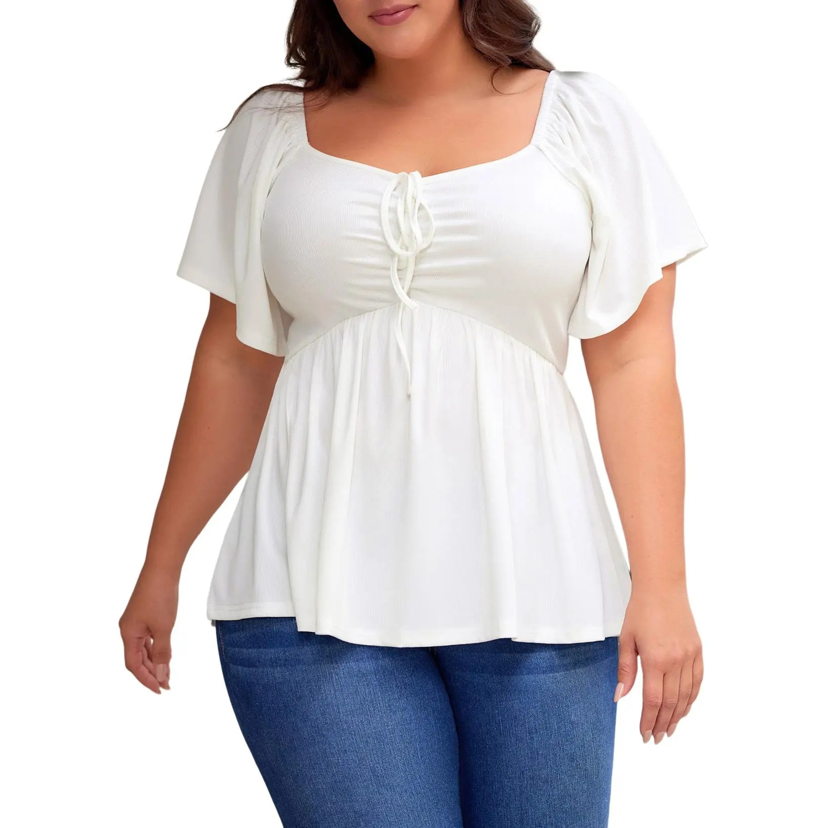 ⏰8 PACKS Women's Plus Size Sweetheart Neck Short Sleeve Shirred Peplum Blouse Tops Shirts(1X-5X)