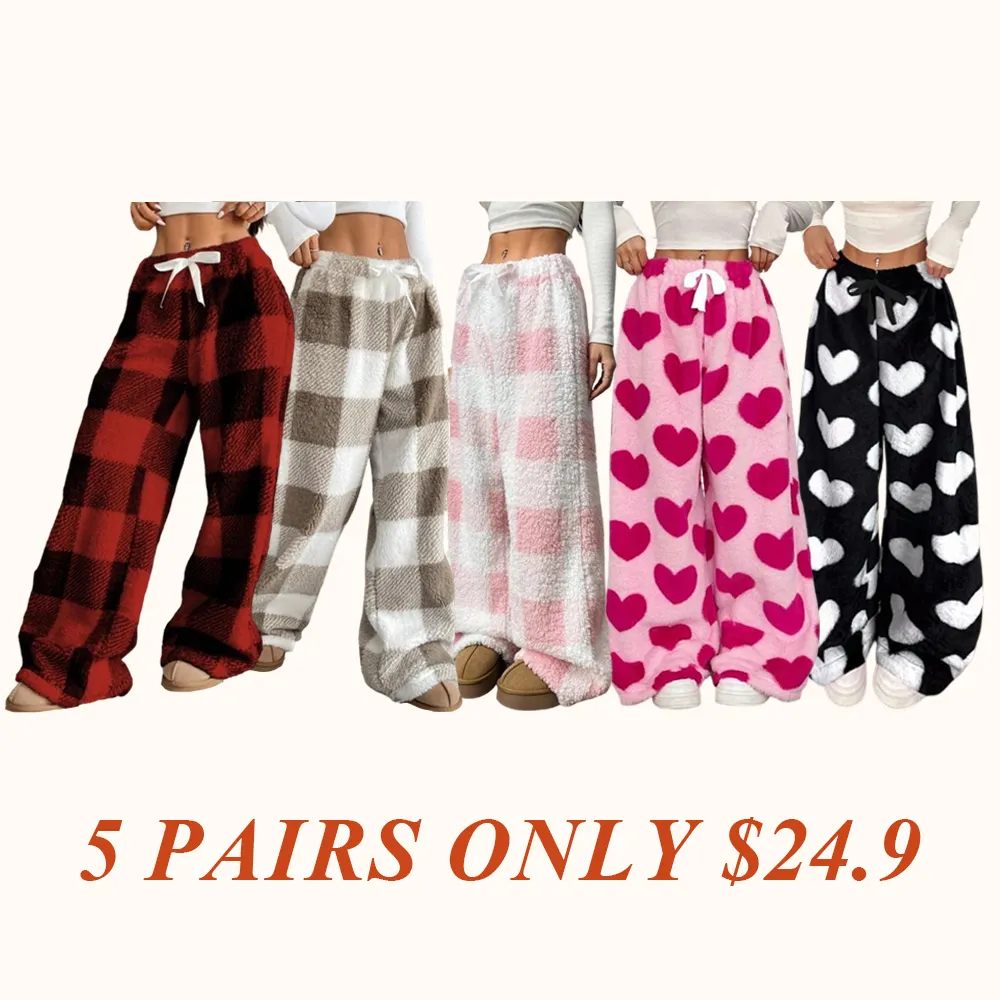 Winter New Vintage Plaid Elastic Straight Loose Thick Warm Casual Pants