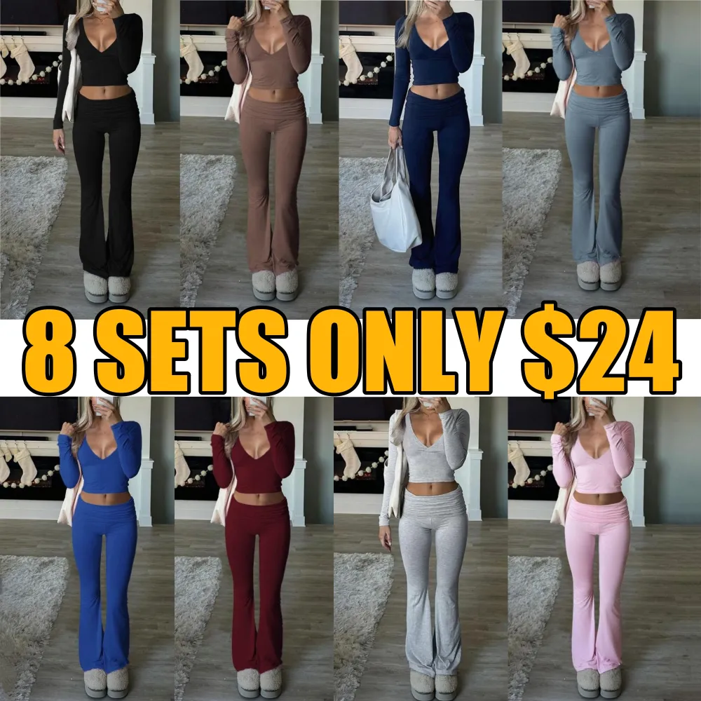 Elegant Casual V-Neck Long Sleeve Basic Two-Piece Outfit Set