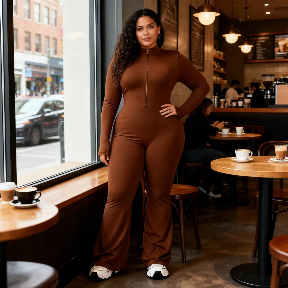 Women's Long Sleeve Flared Sports Jumpsuit - Zipper Jumpsuit