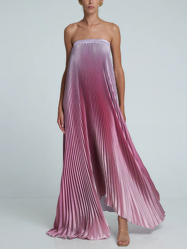 Elasticity Gradient Pleated A-Line Loose Tube Maxi Dresses Evening Dresses