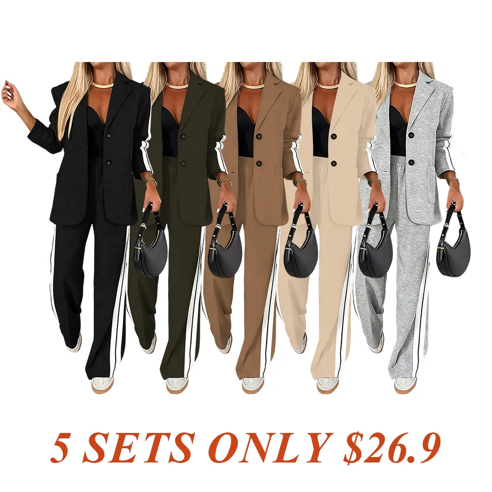 Women's Striped Print Blazer Jacket & Wide Leg Pants Set