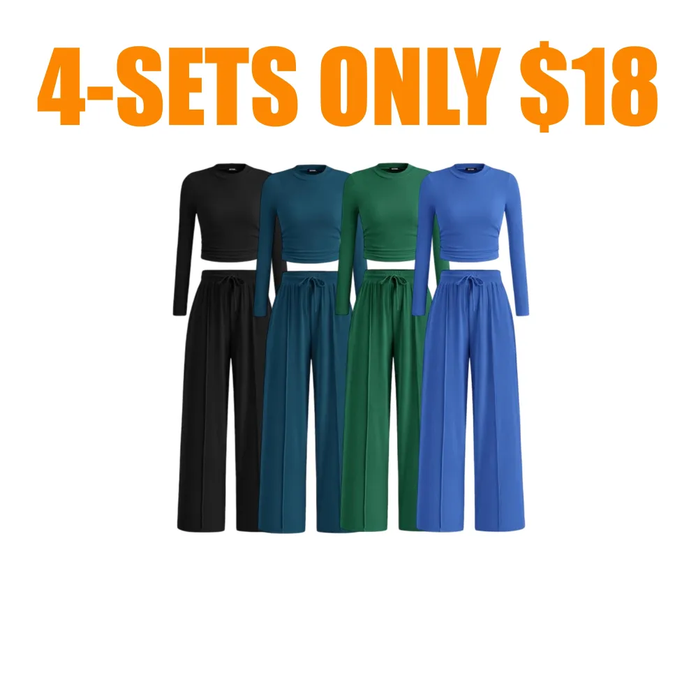 Ribbed Knit Long Sleeve Crop Top Wide Leg Pants