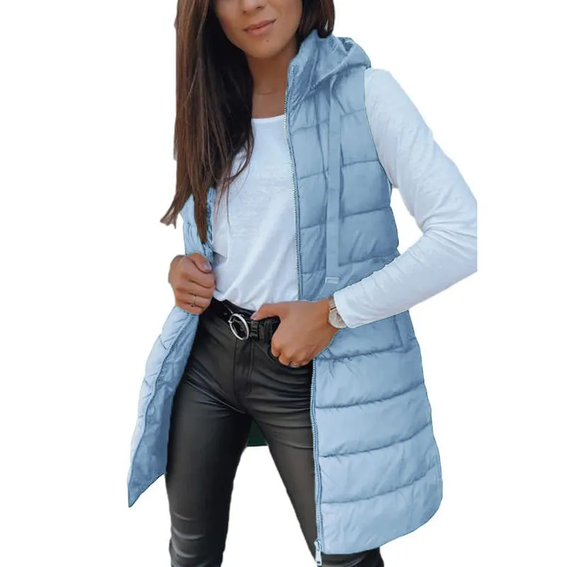 Women Long Vest Solid Color Sleeveless Hood Winter Puffer Vest Outwear