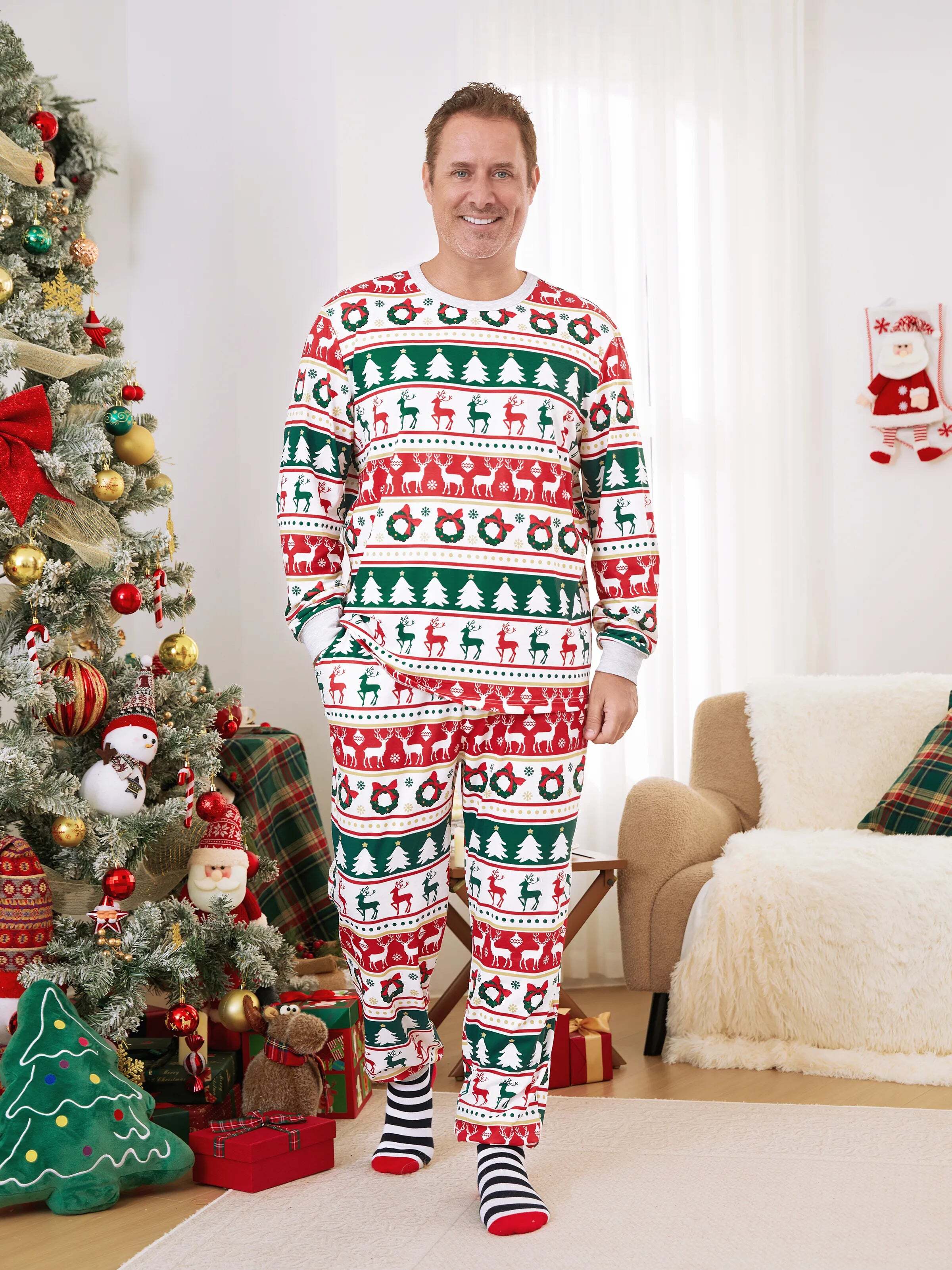 Christmas Pajamas Family Matching Allover Reindeer/Xmas Tree Pattern PJs Sets with Christmas Socks ColorBlock