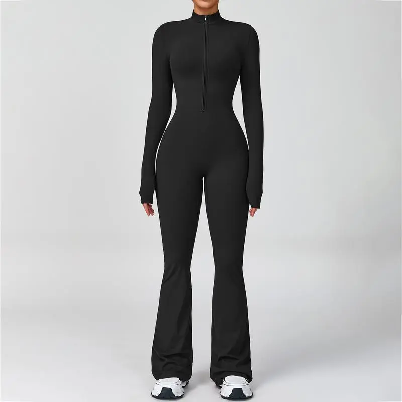 Women's Long Sleeve Flared Sports Jumpsuit - Zipper Jumpsuit