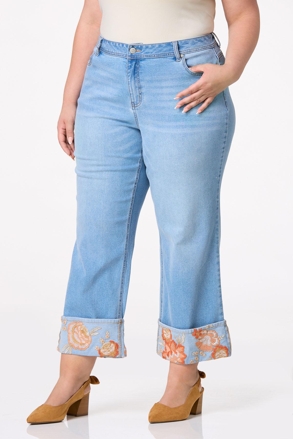 Plus Size Cropped Floral Embroidered Cuffed Jeans