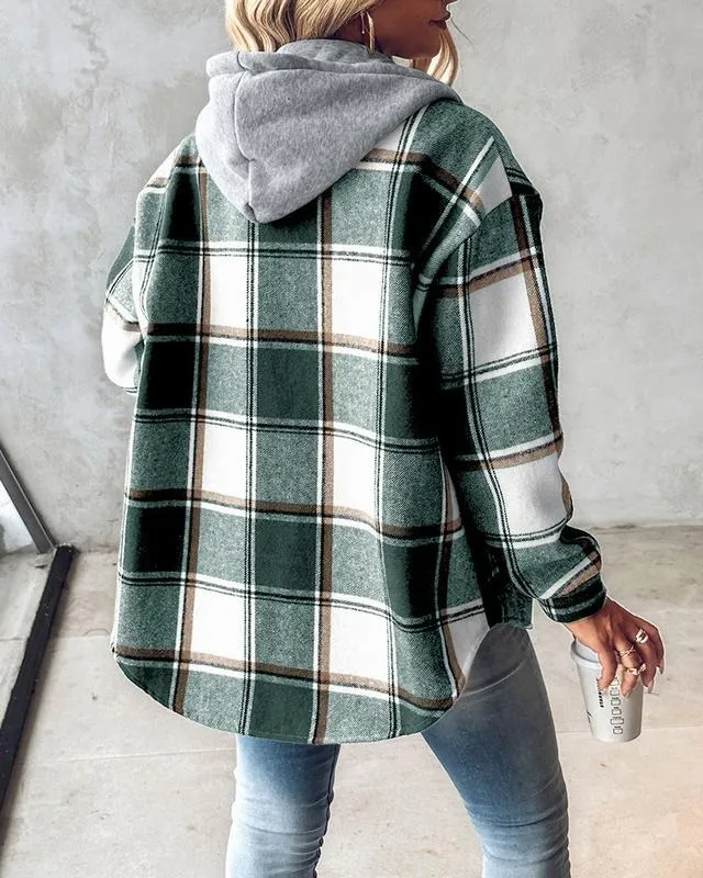 Women's Plaid Pattern Long Sleeve Shacket Button Down Fleece Lined Hooded Jackets Warm Coat