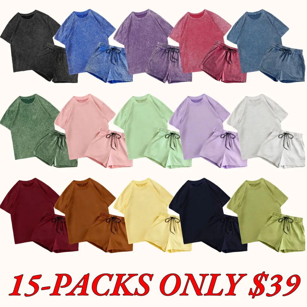 Women's Solid-Color Faux-Denim Print T-Shirt and Shorts Two-Piece Set