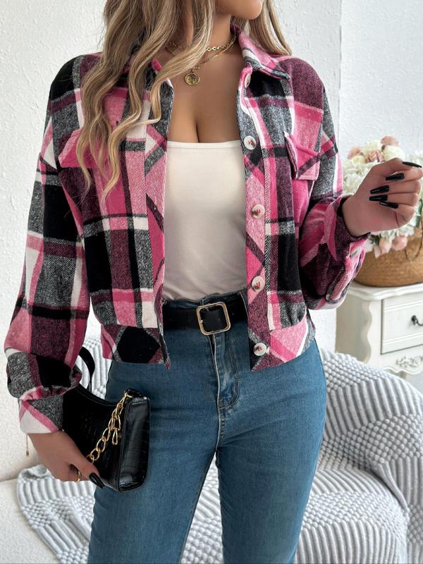Women's Plaid Button Front Drop Shoulder Jacket
