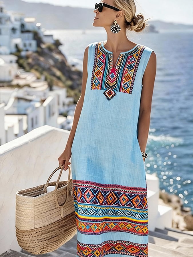 Women'S Casual Color-Block Cotton And Linen Dress- Fast Shipping