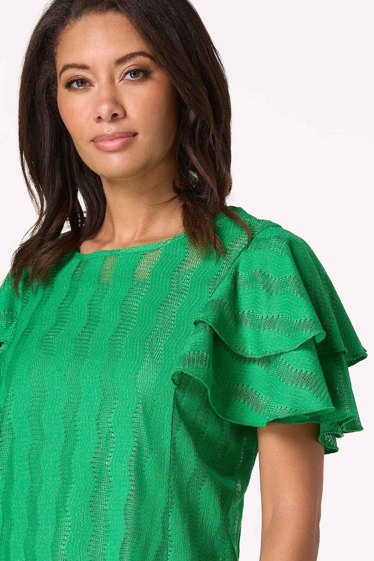 Green Textured Flutter Sleeve Top