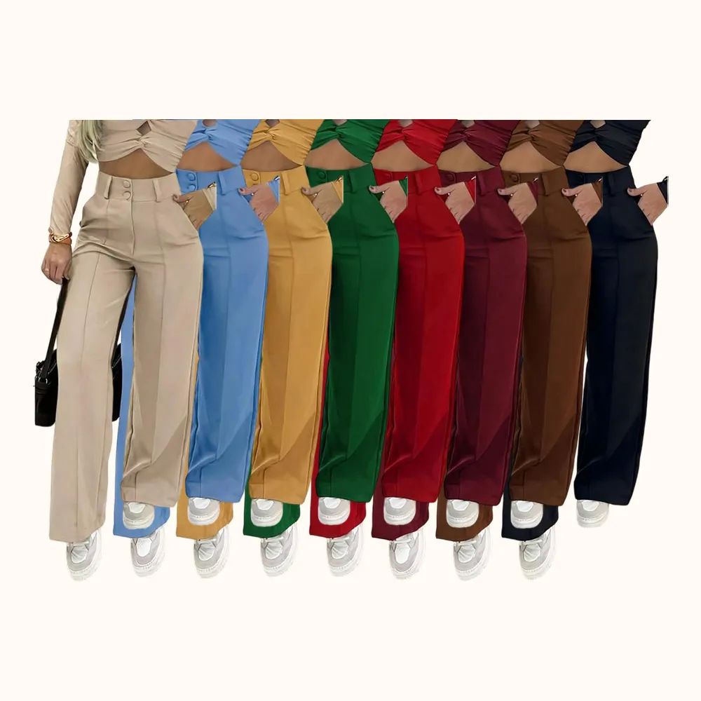 Women's Simple Wide-Leg Pants with Double Button Front