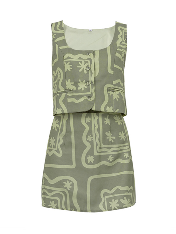 Printed Split-Joint Loose Sleeveless Buttoned Pockets Square-neck Vest Top + Skirts Bottom Two Pieces Set