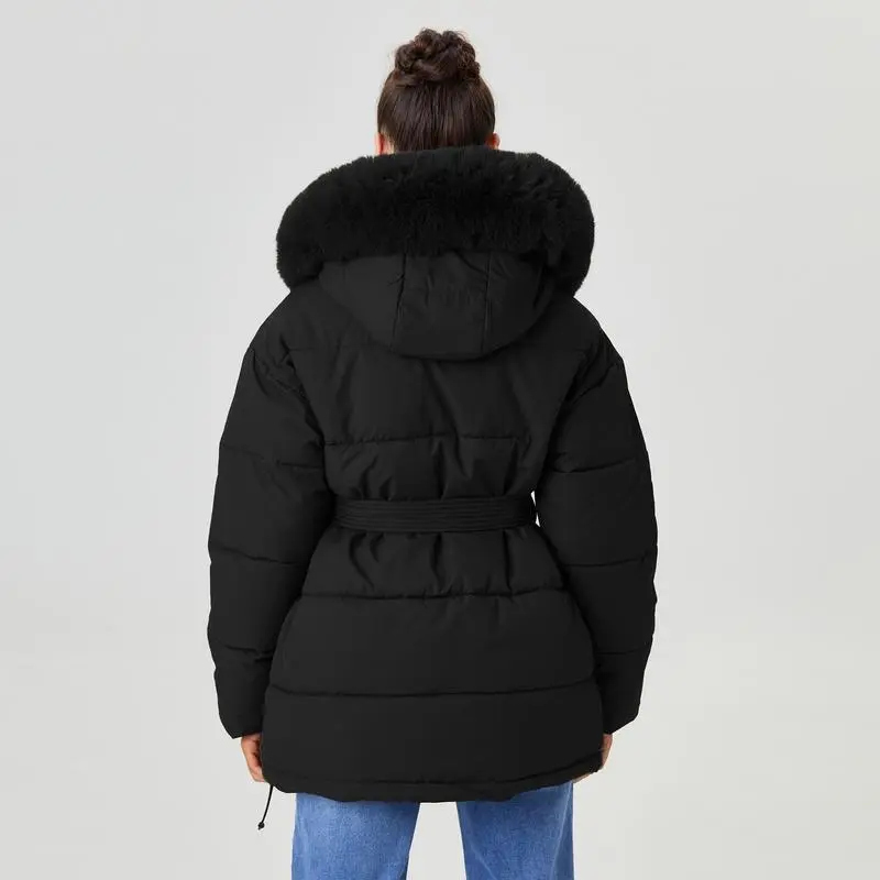 Women's Versatile Solid Color Fluffy Hooded Zip-Up Belt Decor Cotton Coat
