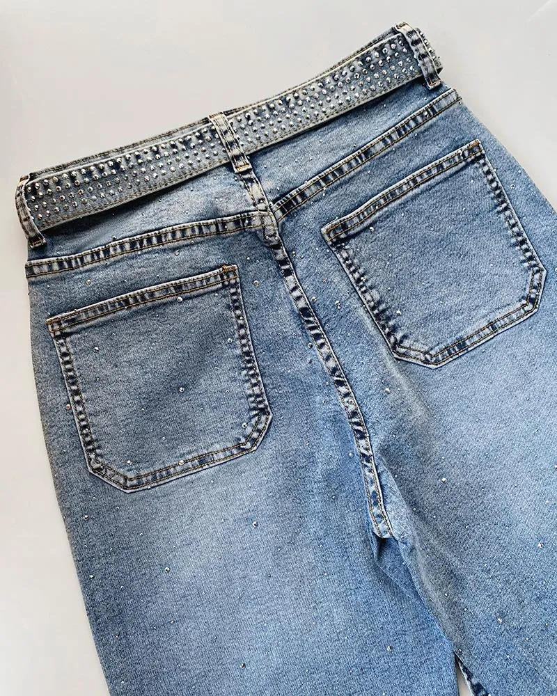 Women's Allover Rhinestone Decor High Waist Zipper Fly Jeans Casual Wide Leg Loose Fit Denim Pants